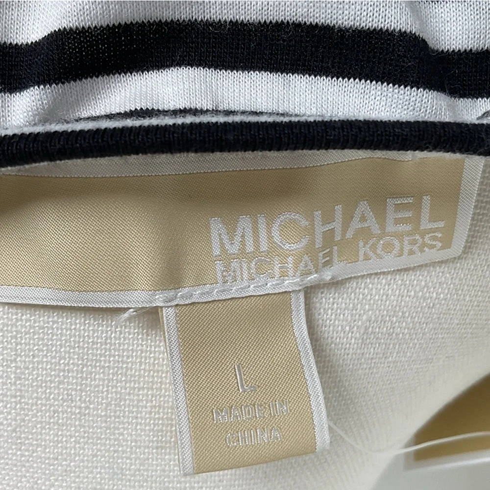 Michael Kors Womens Multi Striped Ruched Knit Zipped Shoulder 3/4 Sleeve Top LRG
